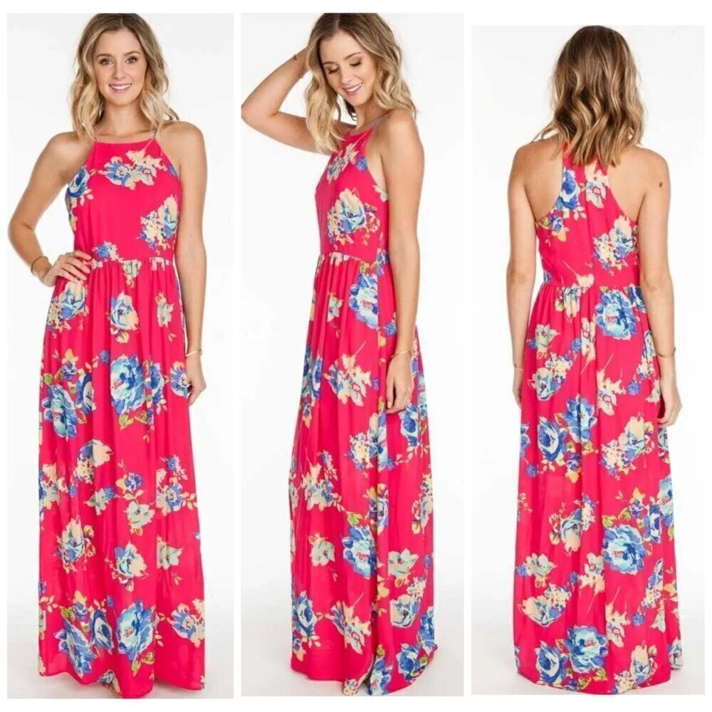 Everly Sleeveless Halter Neck Floral Print Maxi Dress with Lace Trim Womens Sz S